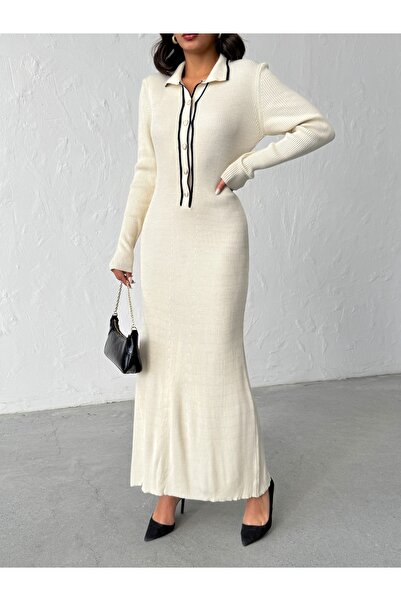 BEJNA Women's Polo Neck Stylish Buttoned Long Dress