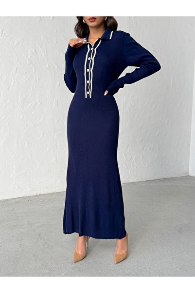 BEJNA Women's Polo Neck Stylish Buttoned Long Dress