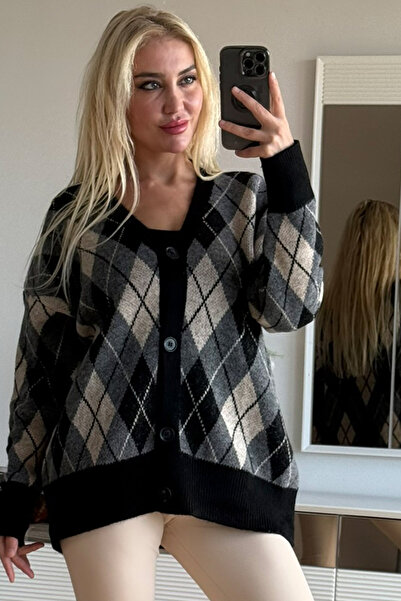 CİDDE Women's Diamond Patterned Fleece-Lined Oversize Knitwear Cardigan Length 72 cm