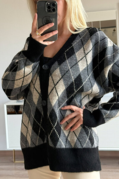 CİDDE Women's Diamond Patterned Fleece-Lined Oversize Knitwear Cardigan Length 72 cm