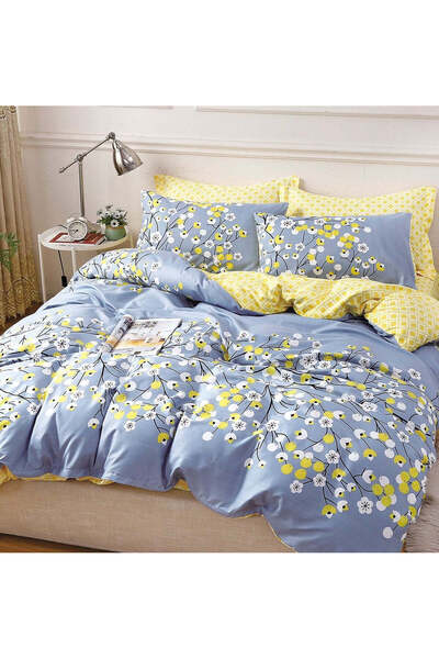 trendyhome Double Bed Linen, Satin Cotton 4-Piece – Yellow Flowers, Blue/Yellow
