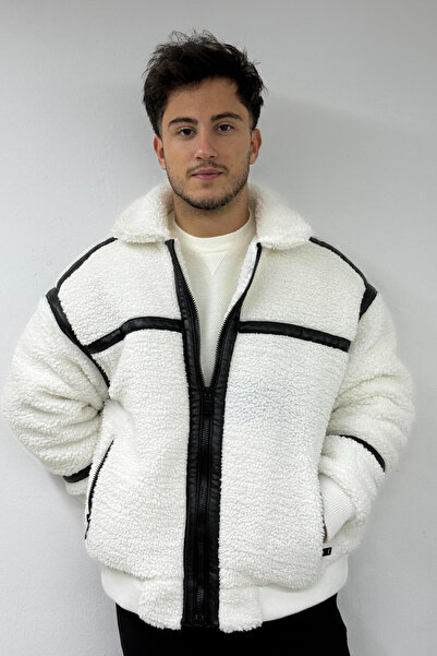 thesunfyre Men's Polo Collar Oversized Striped Detail Double Pocket Plush Jacket Coat