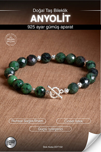 OSMANLI DEĞERLİ TAŞ Sertifikalı Anyolit Doğal Taş 925 Ayar Gümüş Aparatlı Bil...