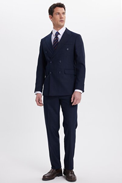 Tudors Men's Slim Fit Pointed Collar Striped Flap Pocket Navy Blue Suit
