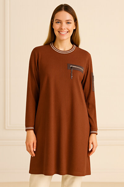 TUSSE Women's Classic Accessory Detailed Corded Fabric Ribbed Knit Plus Size Tunic