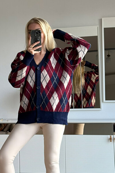 CİDDE Women's Diamond Patterned Fleece-Lined Oversize Knitwear Cardigan Length 72 cm