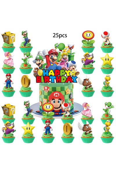 Choice1 25 قطعة من زينة كعكة ماريو، زينة الكب كيك، ديكورات عيد ميلاد ماريو، لوازم حفلات بطابع ماريو