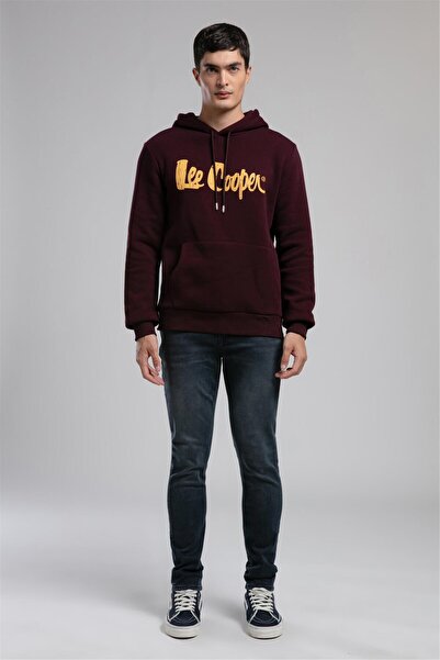 Lee Cooper سويت شيرت جريج للرجال بغطاء رأس باللون البرقوق