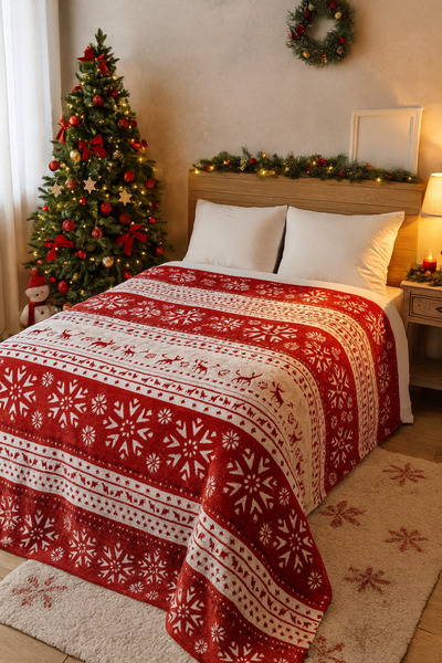 Bonny Home Berfu Velvet Burgundy-Red Christmas Patterned Tv Blanket Single Person Fleece Blanket Sofa Throw