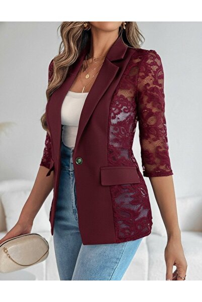 Kanonik Education Women's Long Sleeve Three Quarter Sleeve Button Front Pocket Lace Atlas Jacket