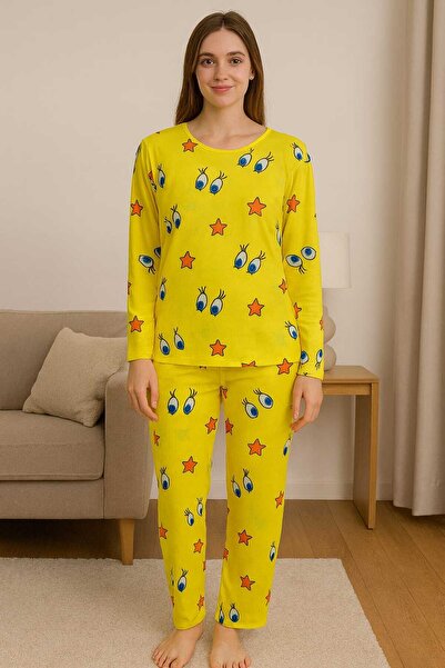 MİSS ADELLA Women's Micro Suede Pocketless Winter Nightwear Yellow Eye Patterned Comfortable Cut Tracksuit Set