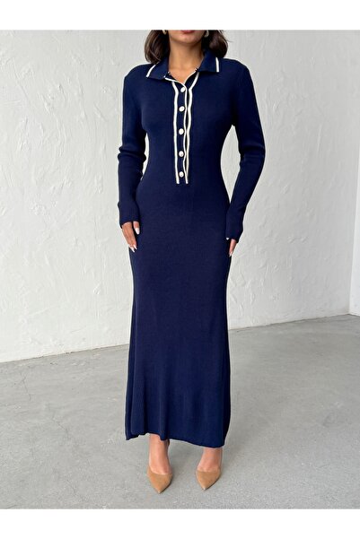 BEJNA Women's Polo Neck Stylish Buttoned Long Dress