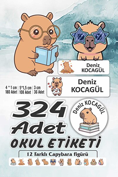 Vice isim Baskılı Defter Kalem Okul Etiketi (324 Adet Capybara Kapibara Temal...