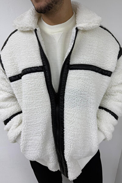 thesunfyre Men's Polo Collar Oversized Striped Detail Double Pocket Plush Jacket Coat