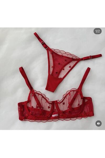 ACTRİS Red Heart Detailed Brode Bra Set New Year Valentine's Day Underwire Cupless Lingerie Set