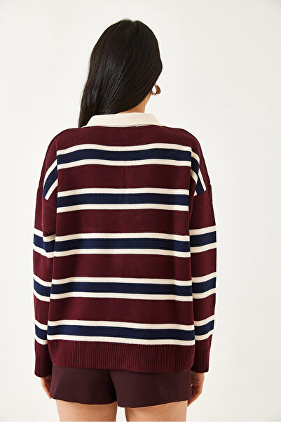 FlosTeel Women's Striped Burgundy Polo Neck Buttoned Knit Sweater