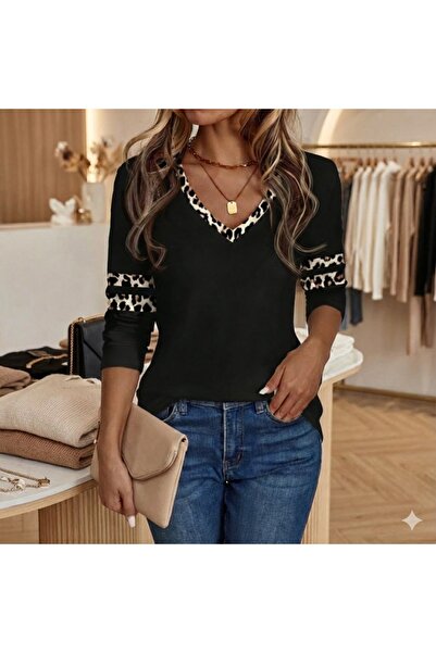 Kokosh moda Kadın V Yaka Şık Leopar Dokunuşlu Bluz ~ Yeni sezon özel~