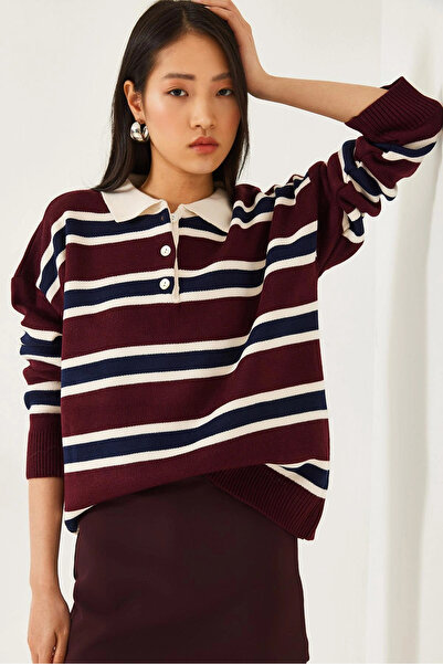 FlosTeel Women's Striped Burgundy Polo Neck Buttoned Knit Sweater
