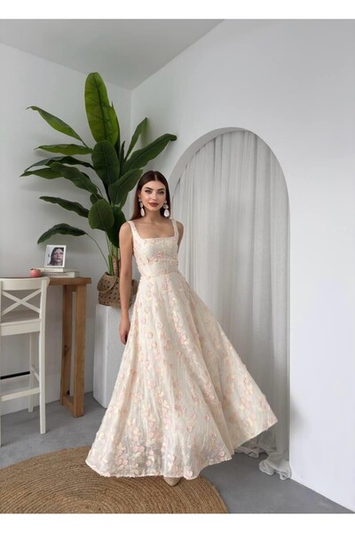 Nils Kids Butik Çiçek Desenli Askılı İngiliz Bej Keten Kumaş Cindrella Uzun Elbise