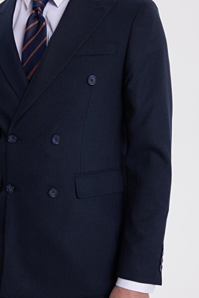 Tudors Men's Slim Fit Pointed Collar Striped Flap Pocket Navy Blue Suit