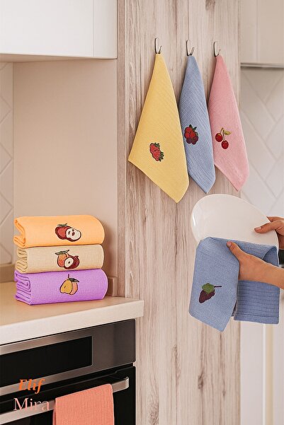 Elif Mira طقم مناشف مطبخ منقوشة مكون من 6 قطع، مناشف ماصة بنسيج الوافل 30×50 ...