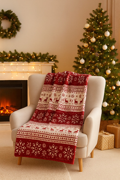 Bonny Home Berfu Velvet Burgundy-Red Christmas Patterned Tv Blanket Single Person Fleece Blanket Sofa Throw