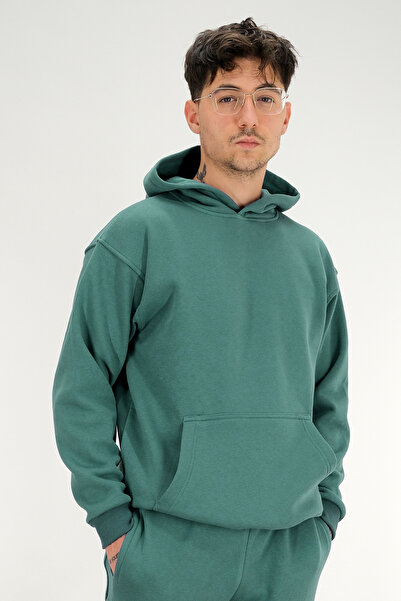 Souris Men's Petrol Green Hooded Kangaroo Pocket Oversized Sweatshirt 3 Thread Fleece-Lined Thick Fabric