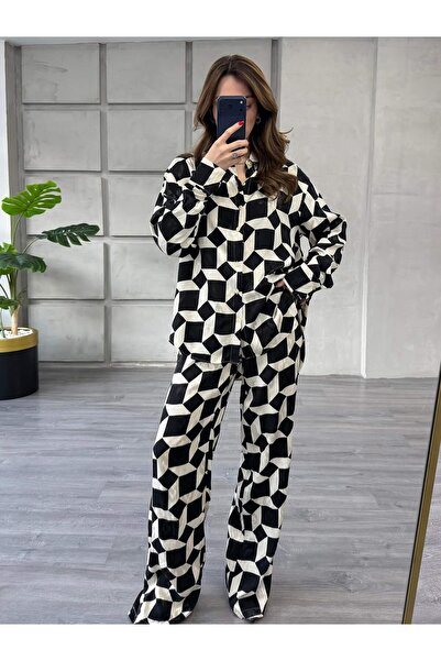 Coral طقم قميص وبنطلون منقوش 7121 أسود - إكرو