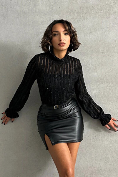 cemo Dikey Dokulu Şeffaf Kol Detaylı Bluz