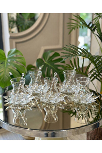 Elta Collection 18 Parça Kristal Çay Seti – Kristal Tabak ve Kaşıklı İnce Belli 6 Kişilik Şık Çay Takımı