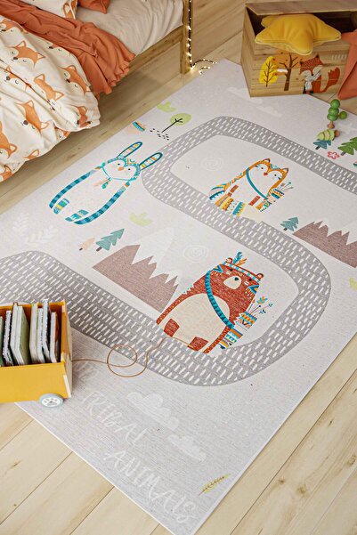 Oriente Home Figürlü Gri Çocuk Halısı Yıkanabilir Kaymaz Taban Şönil Makine H...