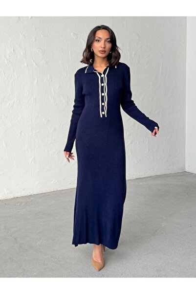 BEJNA Women's Polo Neck Stylish Buttoned Long Dress
