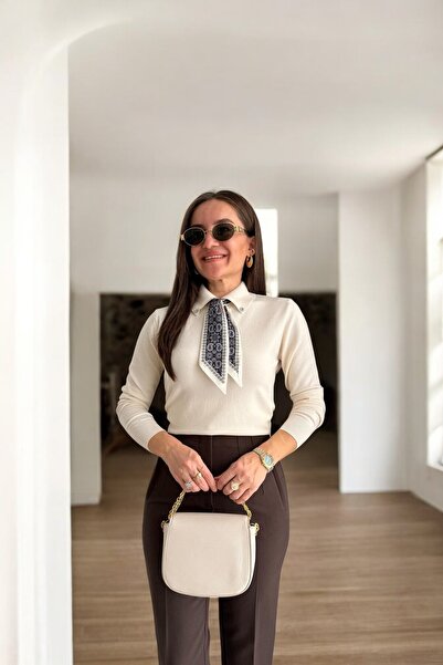 LE CARAMBOLE Women's Ecru Polo Neck Scarf Long Sleeve Knit Sweater