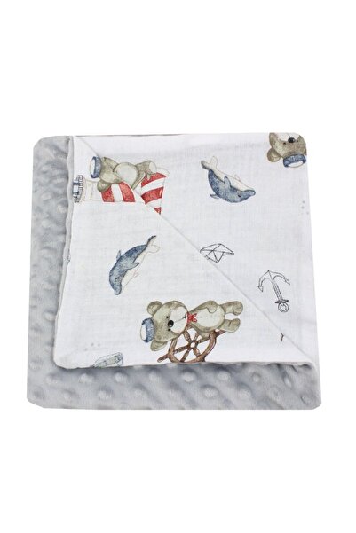PRICHINDEL Pătură Minky „Sailor Bear”, revers din muselină, gri, 100x80 cm