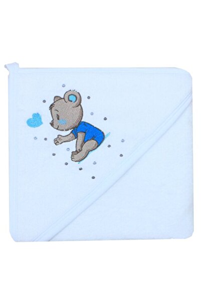 PRICHINDEL Prosop cu glugă , bumbac, ursuleț albastru, alb, 80 x 100 cm