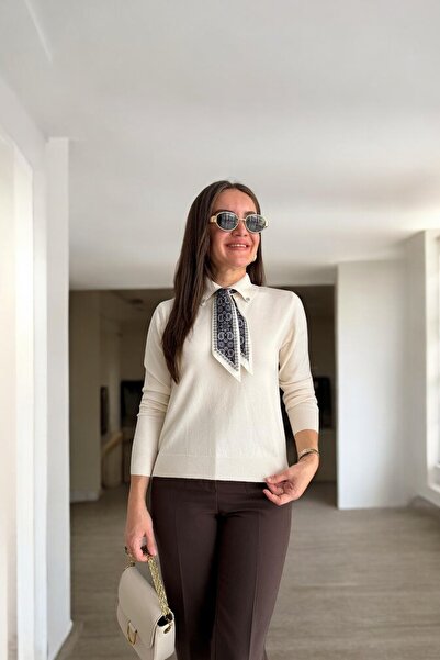 LE CARAMBOLE Women's Ecru Polo Neck Scarf Long Sleeve Knit Sweater