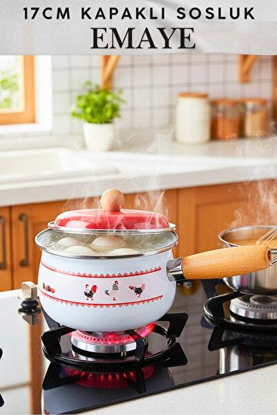 Penthouse 17 cm Enamel Sauce Bowl with Metal Red Lid - Wooden Handle