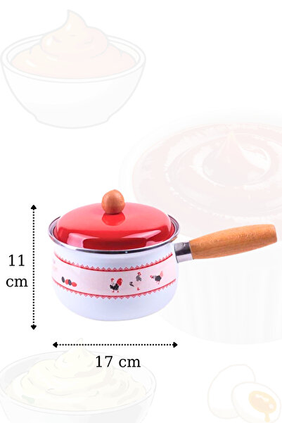 Penthouse 17 cm Enamel Sauce Bowl with Metal Red Lid - Wooden Handle
