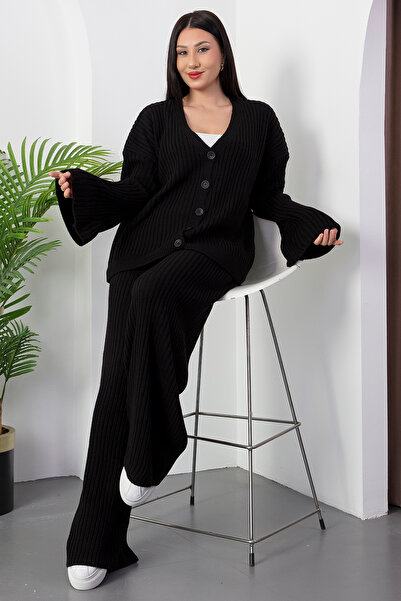 PULLIMM Corded Fabric Button Cardigan Pants Knitwear Set L8004