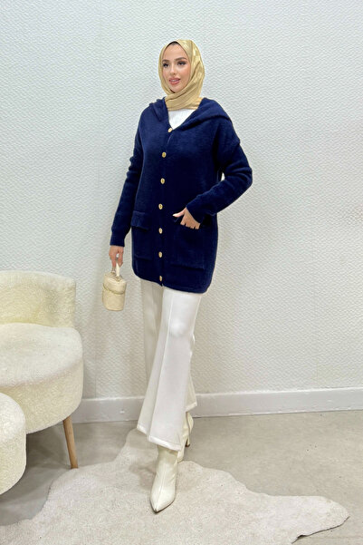 Tesettür Diyarı Carel gold buttoned Hooded pocket cardigan - navy blue standa...