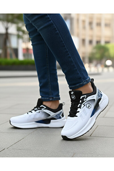 Wickers 803 Men's Navy Blue White Daily Light Sole Orthopedic Lace-Up Shoes