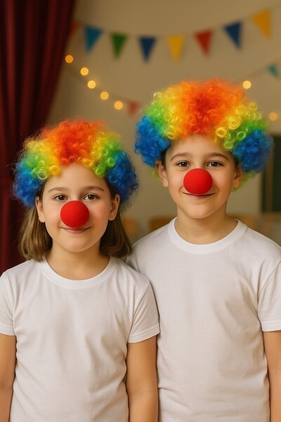 TOYFEST Children's Clown Wig Colorful Curly Model and Red Sponge Nose Costume Accessory Set