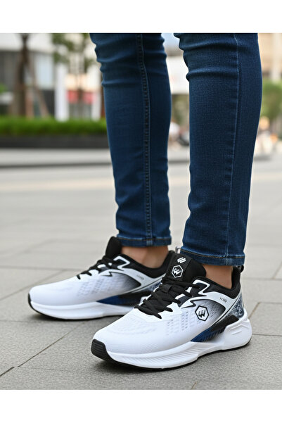 Wickers 803 Men's Navy Blue White Daily Light Sole Orthopedic Lace-Up Shoes