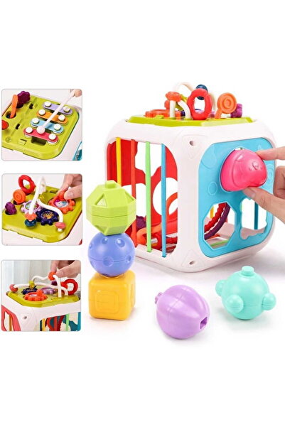 Doris Multifunctional educational cube with shape and color sorter, motor circuit, xylophone, mobile wheels, co