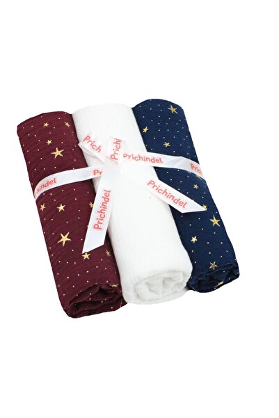PRICHINDEL Set de 3 scutece din muselină, stele metalice, vișiniu cu bleumari...