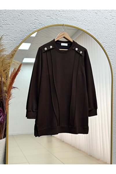 MİHRA STORE فانيا تونيك بأزرار على الكتف حواف أسطوانية - ZN233 بني