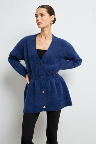Bipantolon Women's Navy Blue Soft Knit Cardigan with Gold Snap Detail
