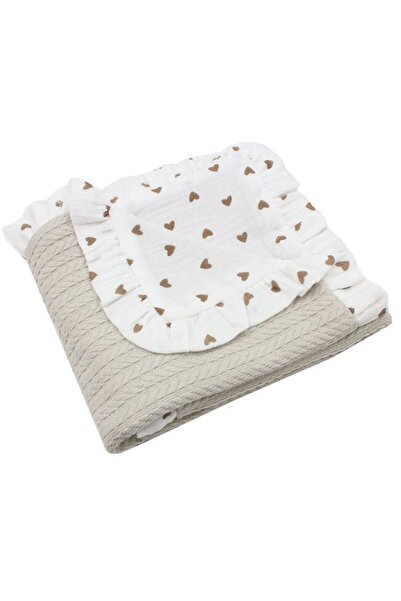 PRICHINDEL Pătură tricotată Anna cu volane, dos de muselină cu inimioare maro...