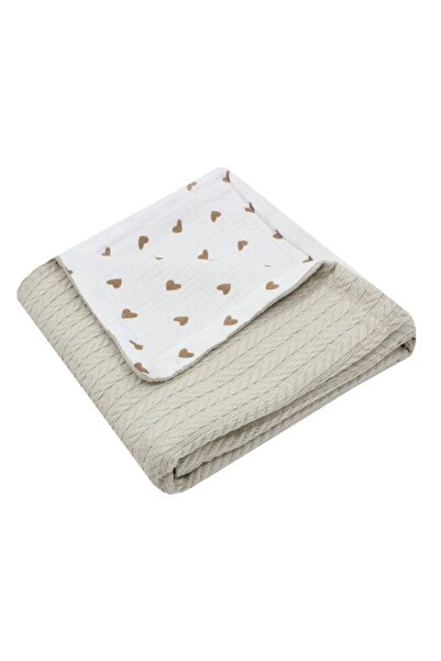 PRICHINDEL Pătură tricotată Anna, revers din muselină cu inimioare maro, 80 x...