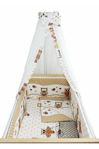 PRICHINDEL Lenjerie de pat pentru pătuț cu 6 piese, bufnițe crem mari, cu bal...